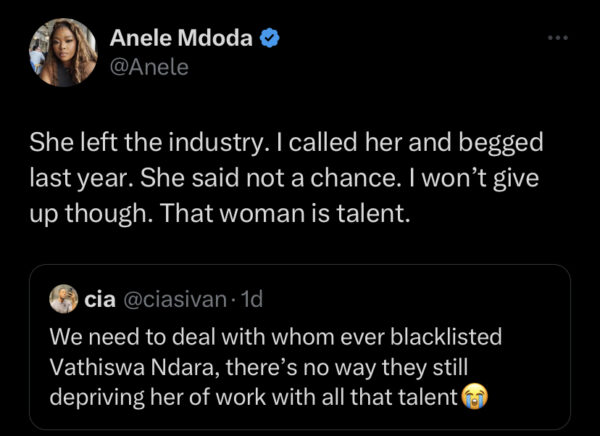 “Actress Vatiswa Ndara has left the industry” – Anele Mdoda confirmed