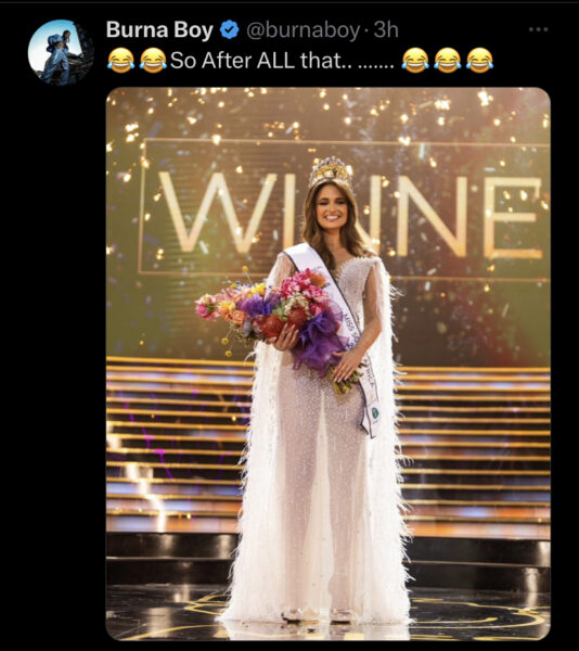 Burna Boy reacts to Miss South Africa 2024 winner