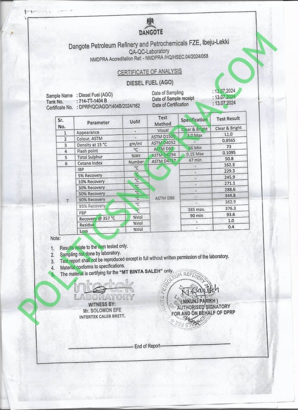 Documents Show Dangote Deceived Lawmakers, Diesel Quality Worse Than Presented