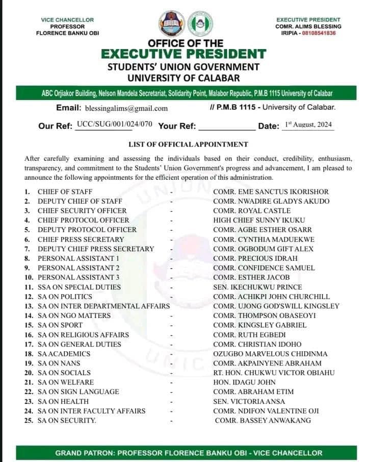 UNICAL First Female SUG President Appoints 50 Aides